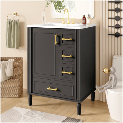 24 Inch Modern Bathroom Vanity with Ceramic Sink, Soft-Close Door, 3 Drawers, and Space-Saving Storage for Compact Bathrooms