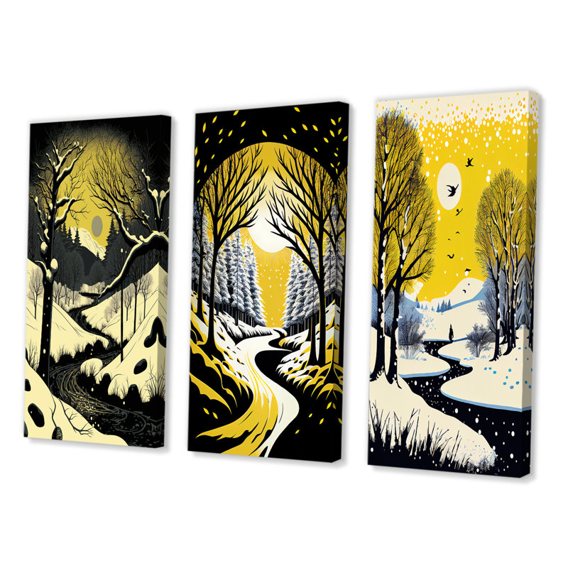 «Winter Trees With Snow Mountain River», 3 pièces sur toile, Toile tendue, H 28 po x l 36 po