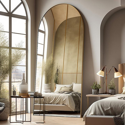 Floor Mirror, Oversized Full Length Mirror, Arched Mirror, Large Standing Mirror, Tall Mirror, Wall Mounted, Freestanding, Giant Mirror, Aluminum Frame -Gold