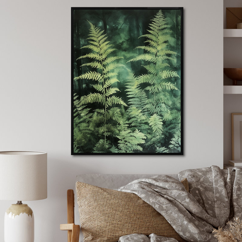 Fougère verte IV sur toile, H 40 po x l 30 po x P 1,5 po, Cadre flottant noir