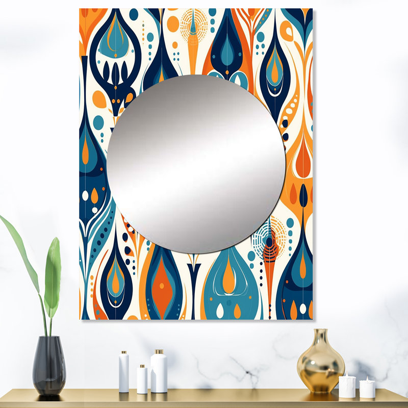 Kazal orange et bleu symphonie botanique II - grand miroir abstrait, décor de miroir mural unique et moderne, impression d'art en métal
