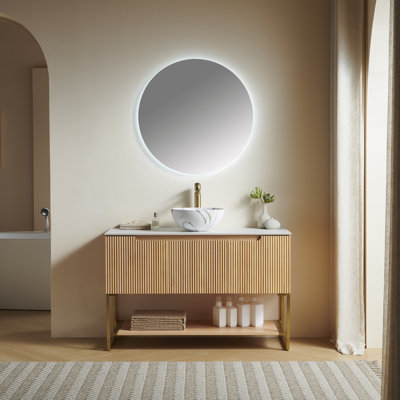 Meuble-lavabo de salle de bain 48 po Sobieski, meuble de rangement autoportant avec 3 portes et tablette ouverte, vasque en céramique bol blanc avec motif en pierre et comptoir en pierre frittée blanc de Carrare, couleur grain de bois