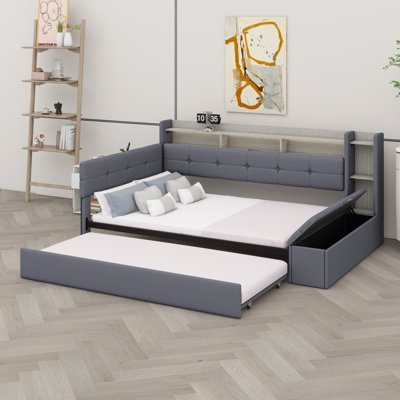 Upholstered Daybed Frame with Storage Footstool, Shelves, Trundle, USB Charging Port & LED Lighting