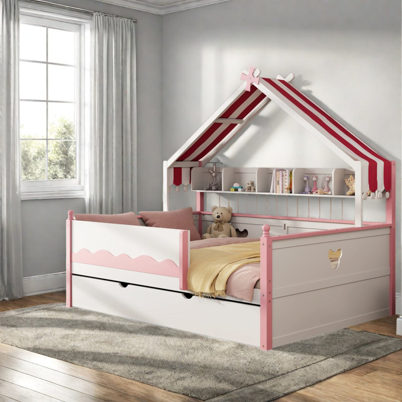 Lits en forme de maison avec rangement, lit de jour double en bois aggloméré massif, rose blanc pour enfants, Blanc