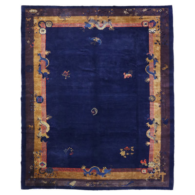 Tapis unique bleu marine / or / brun des années 30 de 9 pi 2 po x 12 pi 2 po Peking