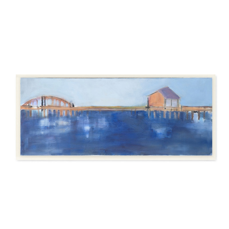 «Abstract Bay Landscape Deep Blue Water Bridge Architecture» par Susanne Marie - Peinture, H 7 po x l 17 po, Bois
