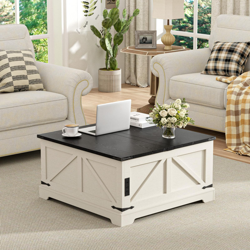Table basse à plateau relevable avec rangement, Blanc/Noir, H 17,1 po x L 28,8 po x l 28,8 po