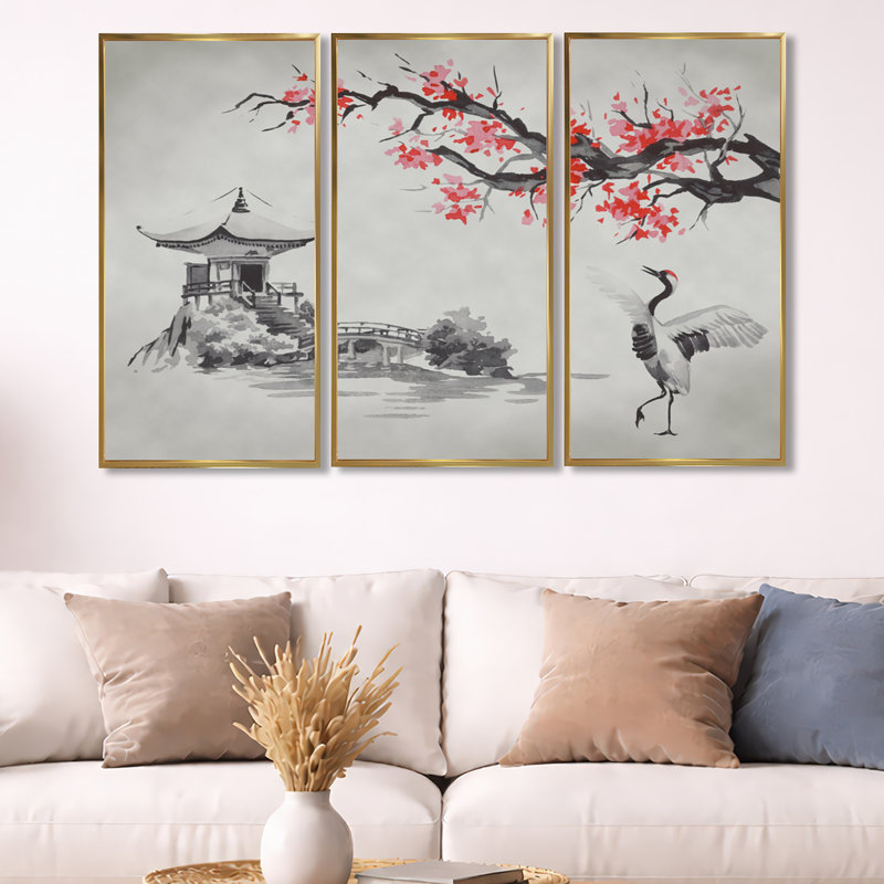 Mont Fuji japonais avec sakura - reproduction de cadre flottant 3 pièces sur toile, H 32 po x l 48 po x P 1 po, Doré