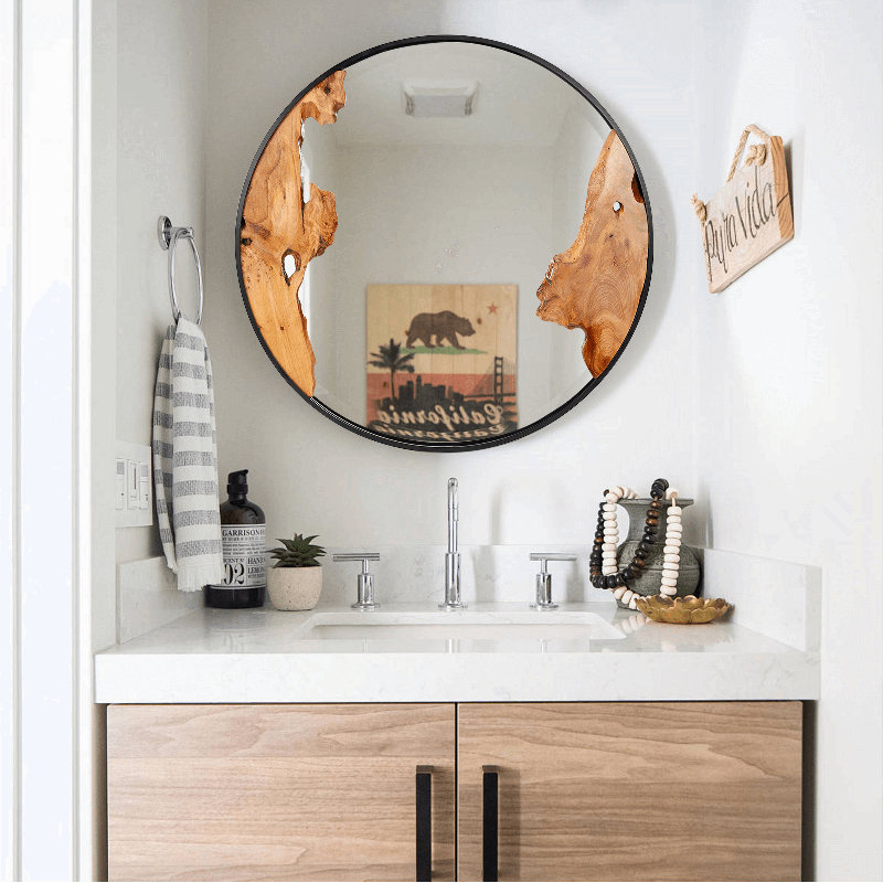 28" Round Wall Mirror With Natural Wood Accent, Rustic Farmhouse Circle Vanity Mirror For Wall Decor, Bedroom, Living Room Or Entryway, Vertical Or Horizontal Hanging, Symmetrical Design