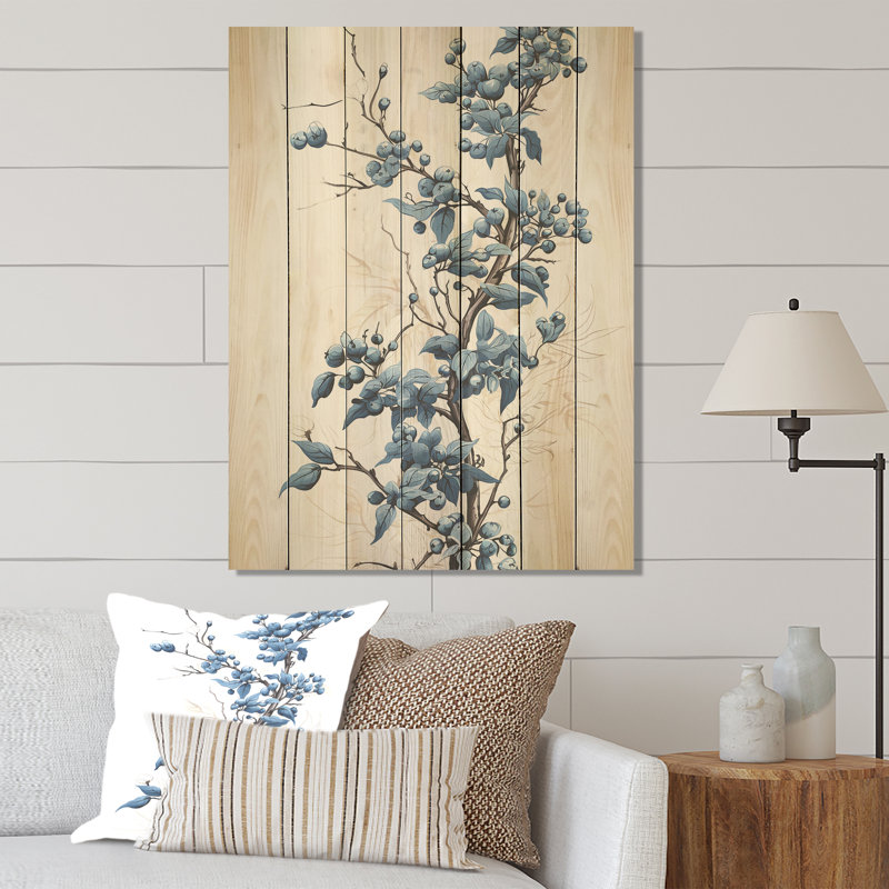 Arbre venteux blanc et bleu, beauté I - arbre sur bois, H 20 po x l 10 po