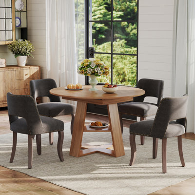 Table de salle à manger extensible ronde pour 4 à 6 personnes, table de salle à manger de style campagnard avec tablette de rangement et chaises de salle à manger rembourrées en tissu