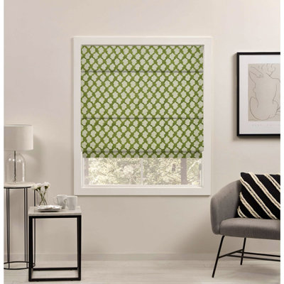 100% Blackout Floral Thick Linen Green Roman Shade for Window Treatments, Kitchen, Hall, French Doors, Cozy Soft Fabric for Stylish Room Darkening Home Decorative Corded Blind, Badal