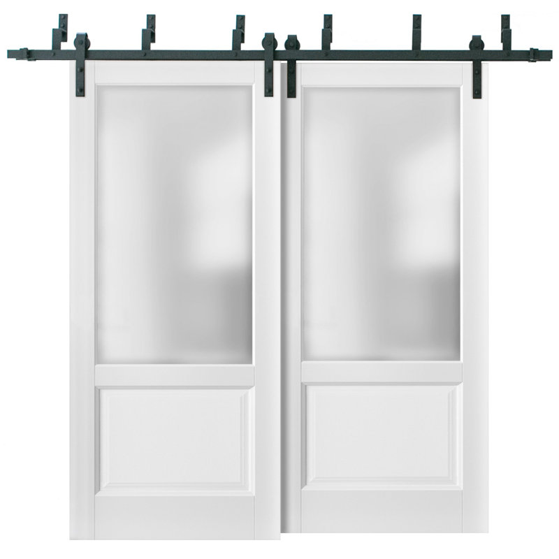 Portes coulissantes de grange avec quincaillerie de 2 m (6,6 pi) Lucia 22 Blanc Soie avec verre opaque dépoli, rails robustes, ensemble en acier, porte coulissante double à panneaux vitrés - 142 x 203 cm (56 x 80 po) (2 x 71 x 203 cm) - Verre dépoli