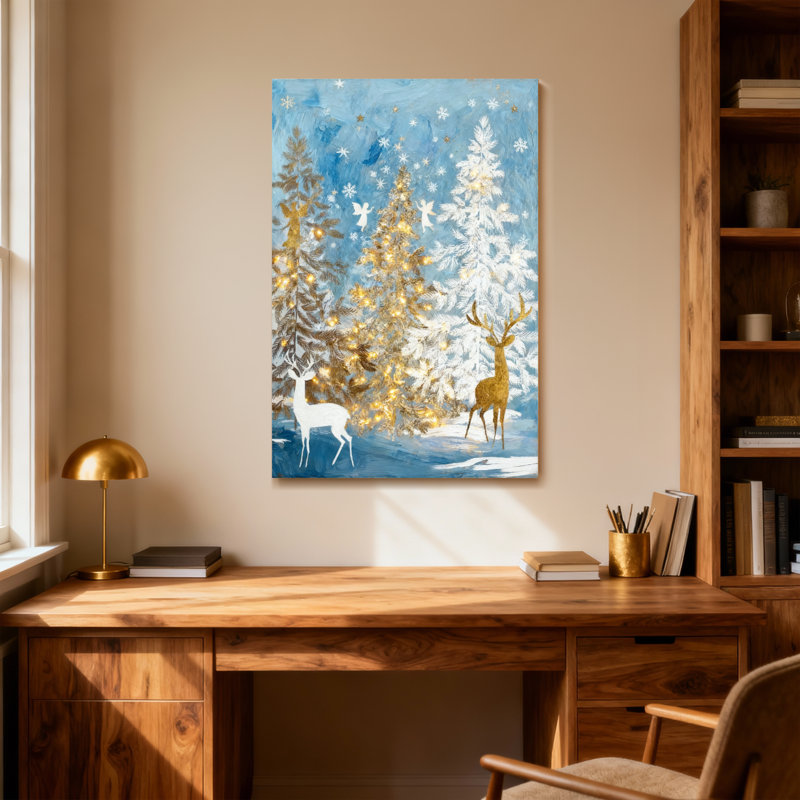 Animals Winter Forest Deer Snowflakes Lights Trees, 18" H x 12" W