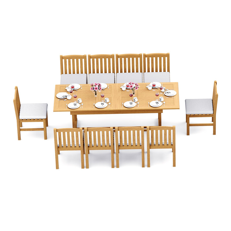 10 Seats 11 Pcs Grade-A Teak Wood Dining Set: 94" Double Extension Mas Rectangle Trestle Leg  Table And 10 Devon Armless Chairs #11DV2100