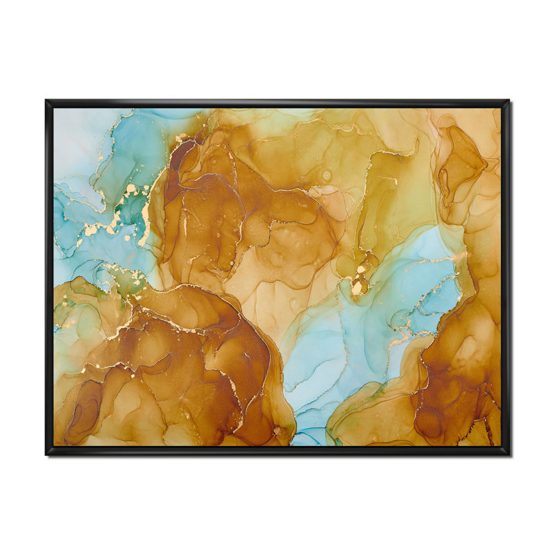 «Brown Luxury Abstract Fluid», peinture sur toile, H 34 po x l 44 po x P 1,5 po, Cadre flottant noir
