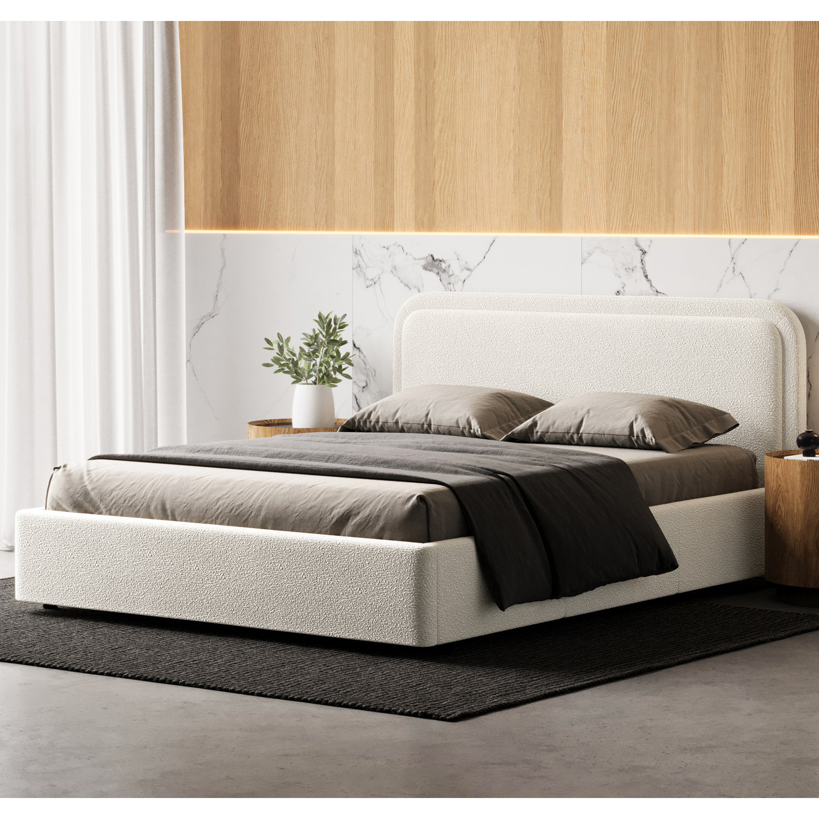 Baneza Platform Bed, Queen, White Boucle
