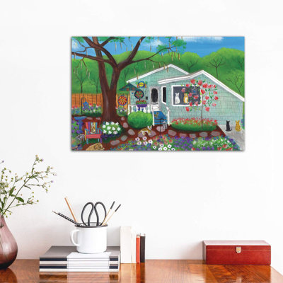 Cats And Dog At Garden Folk Art House by Cheryl Bartley - Wrapped Canvas Print