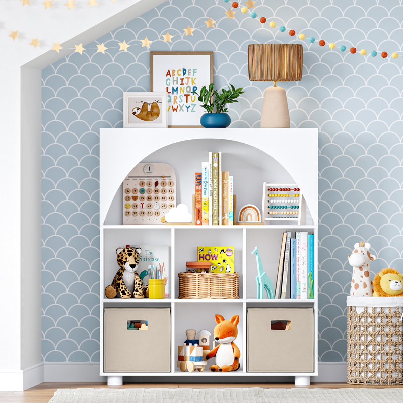 Bibliothèque RiverRidge Kids Curve 46 "avec 4 casiers et une conception arquée, Blanc / bacs taupe