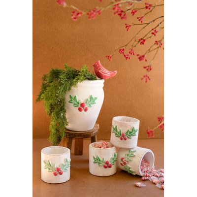  Handcrafted Clay Holly Container Festive Holiday Decor 4.5" Tall Set of 4