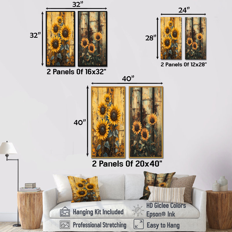 Farmhouse Barn Sunflowers At The Fence I - Collection d'art mural floral 2 panneaux, H 32 po x l 33 po, Cadre flottant doré