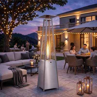 Chauffage de terrasse au propane avec roulettes et housse imperméable, flamme argentée visible, chauffage réglable (basse/haute) | Roulettes et housse imperméable