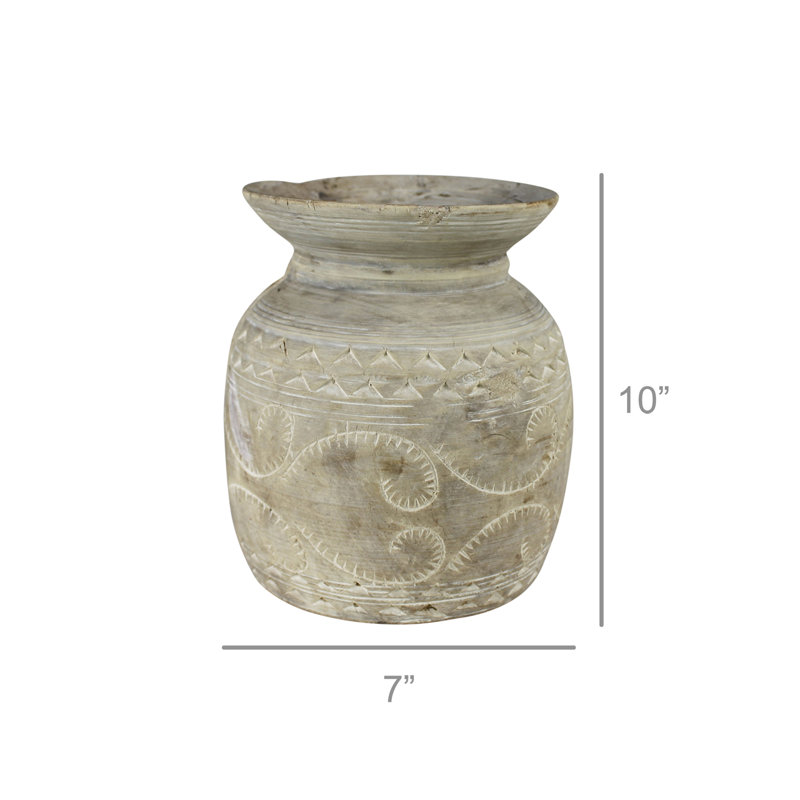 Sculpture de pot de bois tribal Eddystone, Blanc, H 10 po x l 7 po x P 7 po