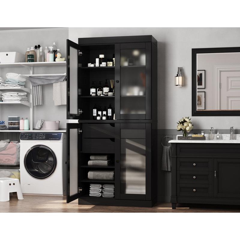 Armoire de rangement de salle de bain autoportante 32% en bois massif 32 "avec portes en verre givré, 2 tiroirs et tablettes réglables - Organisateur de salle de bain moderne