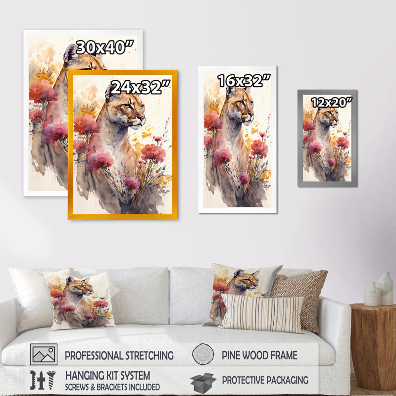 «Cute Puma Floral Art III», peinture sur toile, Impression noire sur toile encadrée, H 20 po x l 12 po x P 1 po