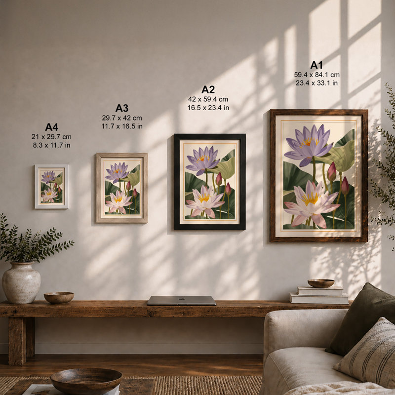 Water Lilies Study Botanical - Framed Print, A1 - 84.1 x 59.4 cm, Walnut