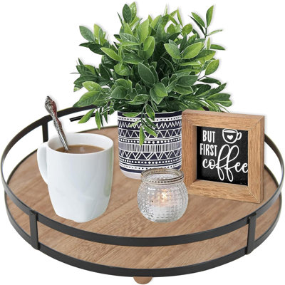 Plateau de service rond en bois avec poignée en métal - Plateau décoratif rustique pour la maison, table basse, cuisine et table de salle à manger