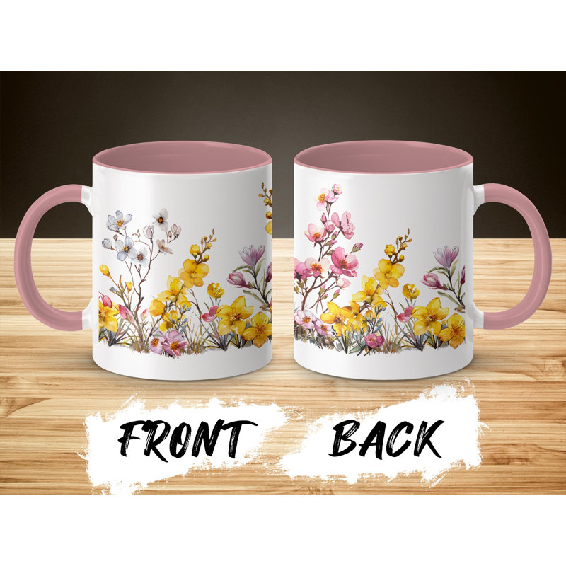 Set of 3 Watercolour Floral 11oz Accent Mugs, Ceramic Coffee Cups with a Pink Handle & Interior