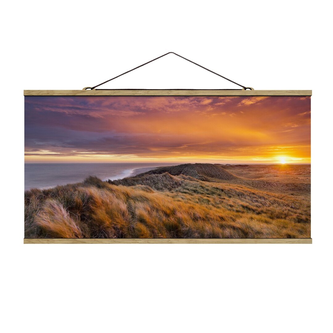 Stoffbild mit Plakatstreifen - Sonnenaufgang am Strand auf Sylt - Landschaft 1:2