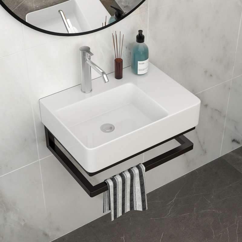 Lavabo de salle de bain mural rectangulaire en céramique 23,25 "x 16,5" avec barre à serviettes noire et trou pour robinet