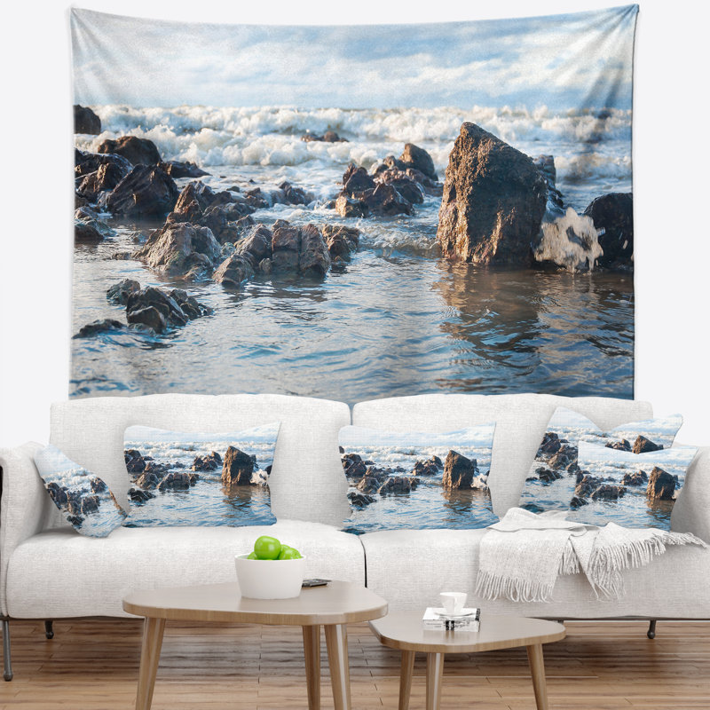 Tapisserie bleu rocky seaside seascape, H 32 po x l 39 po