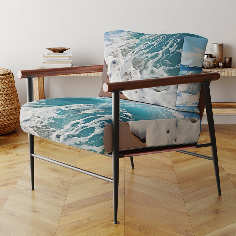 Turquoise Power Of Ocean Wave I - Chaise rembourrée d'appoint bord de mer, Doré