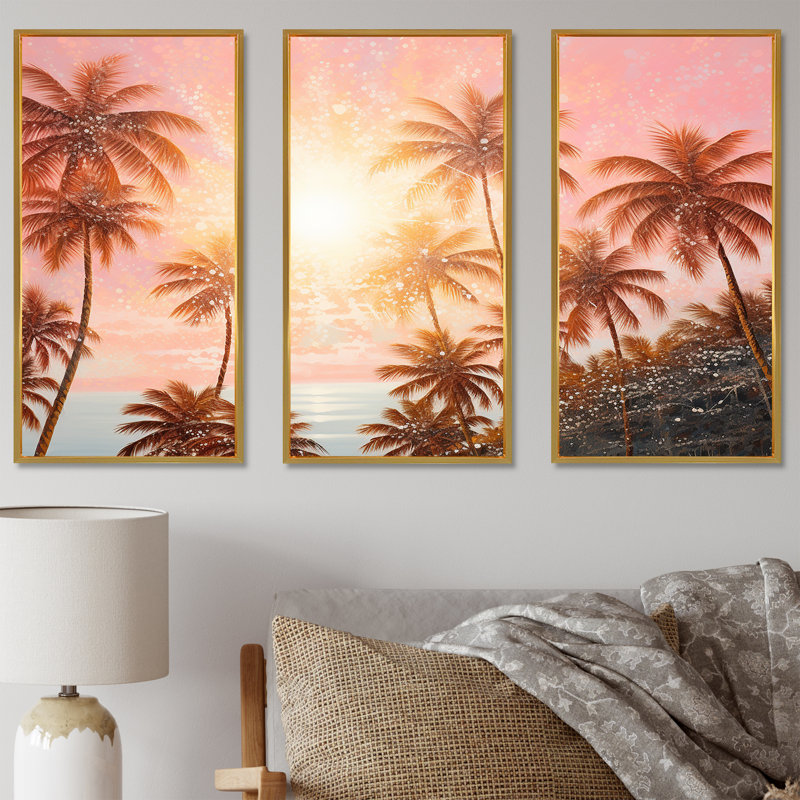 «Rose Radiance Sunset Palm Trees III - Ensemble de palmiers et palmiers», Cadre flottant doré, H 32 po x l 48 po x P 1 po