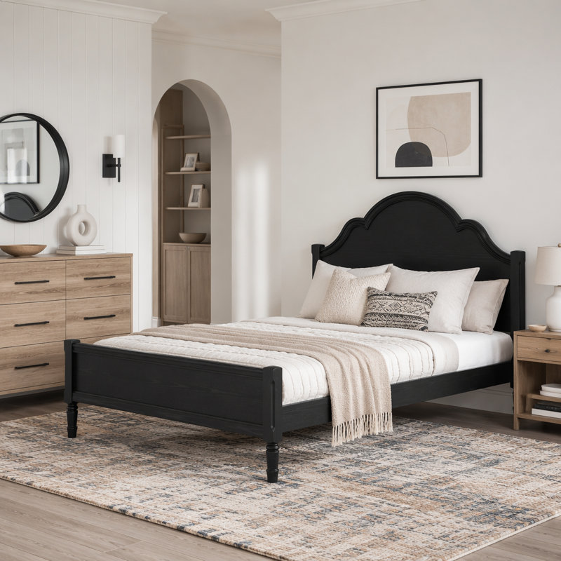 Lit plateforme en bois avec tête et pied de lit en arche, Grand lit, Noir