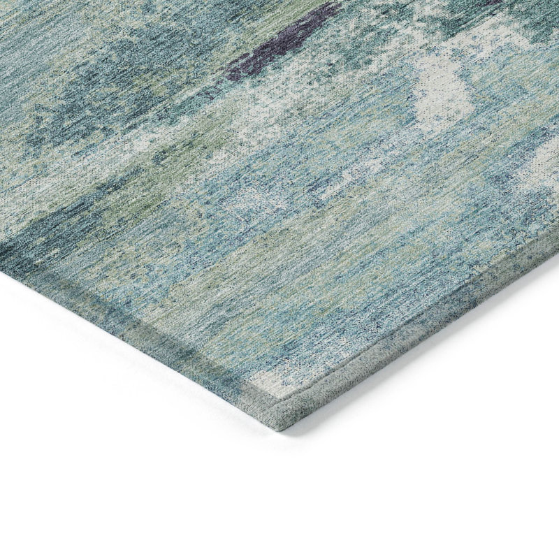 3' X 5' Sage Teal Blue And Navy Blue Abstract Washable Indoor Outdoor Area Rug