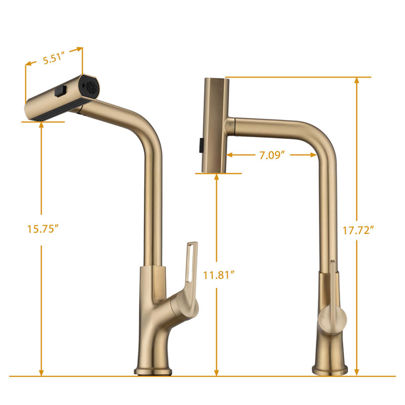 Robinet d'évier de cuisine à poignée simple 360 ° avec douchette rétractable (seulement 1 robinet), Or brossé