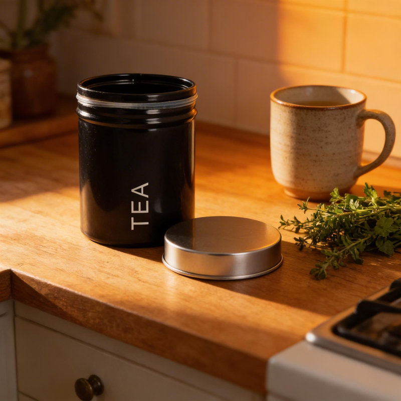 Harbour Housewares - Round Metal Kitchen Tea Canister, Black, 12.7cm H x 9.5cm W x 9.5cm D