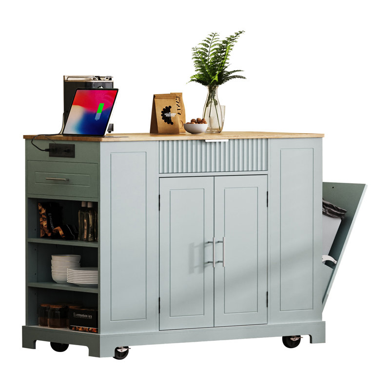 Îlot de cuisine cannelé avec armoire de rangement pour poubelle, Bleu