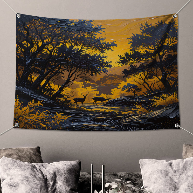 Tapisserie murale «Yellow Sunset Forest» - Décoration murale cerf, H 104 po x 88 avec 4 œillets