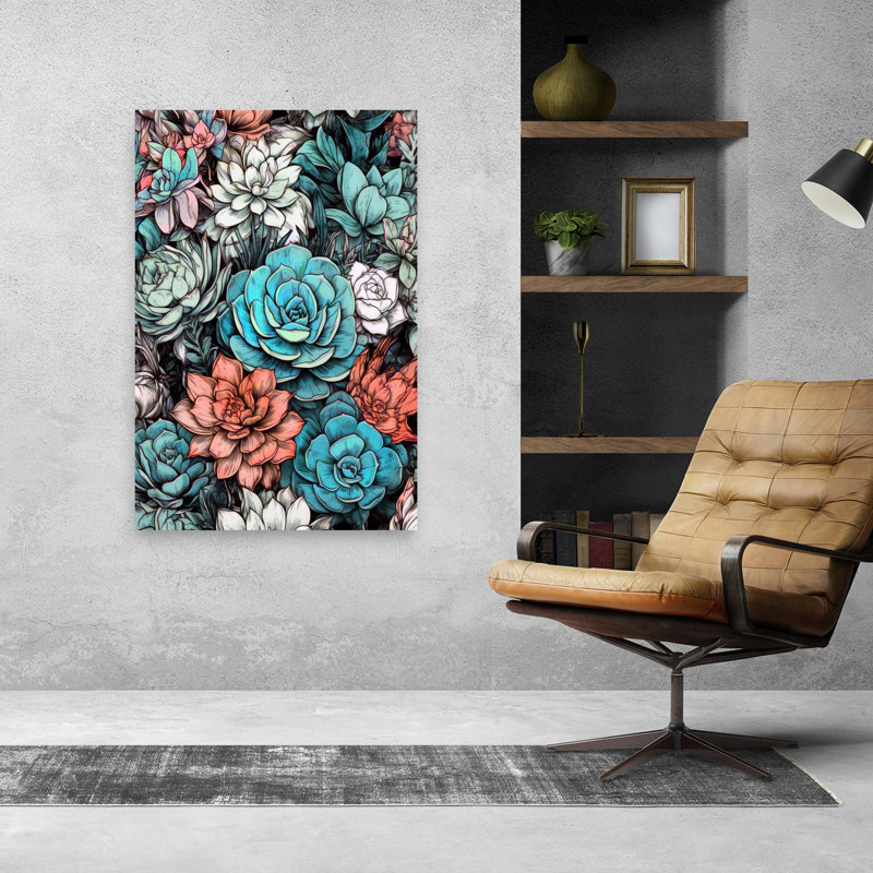 Bleu sarcelle et corail, H 48 po x l 32 po