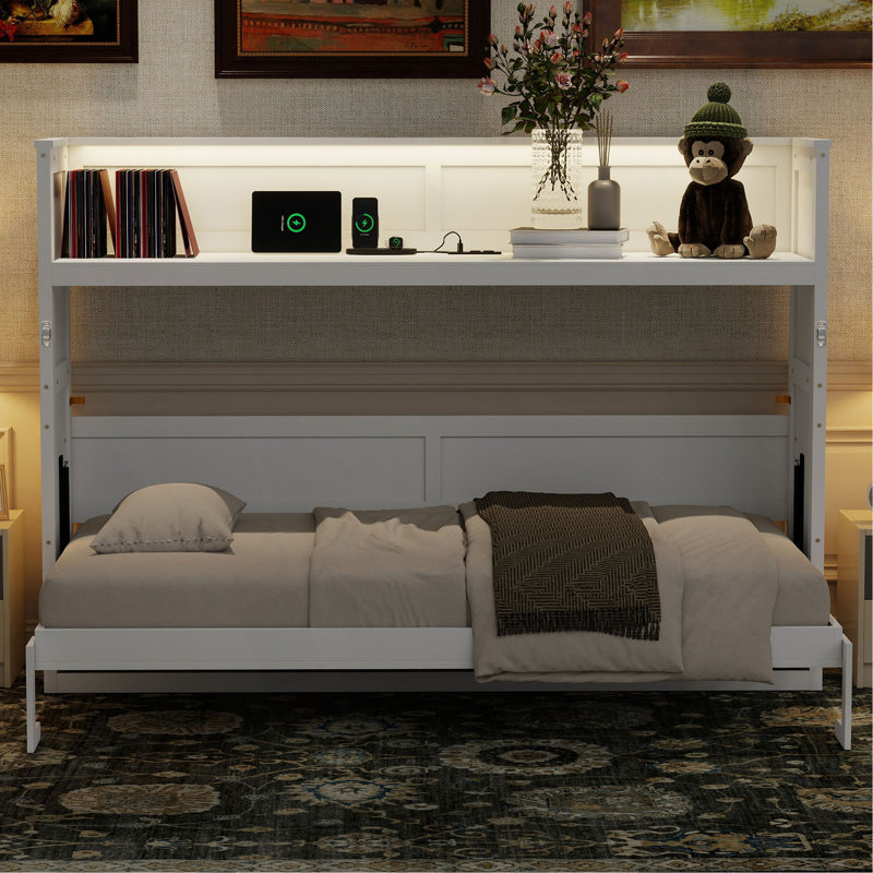 Lit escamotable avec bureau, lumière DEL et station de charge USB, Blanc