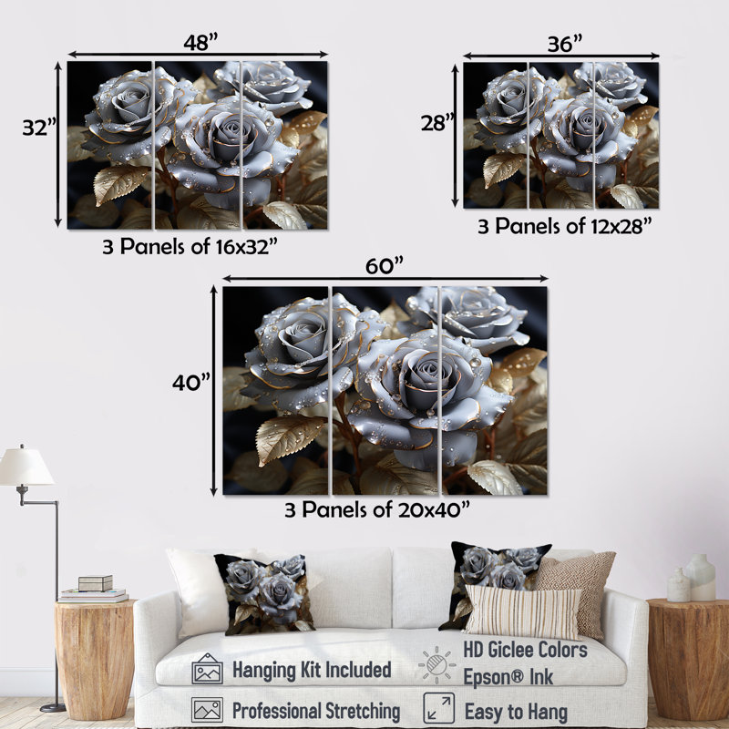 Gris et or rose passion - ensemble de décorations murales roses, Toile tendue, H 40 po x l 60 po x P 1 po