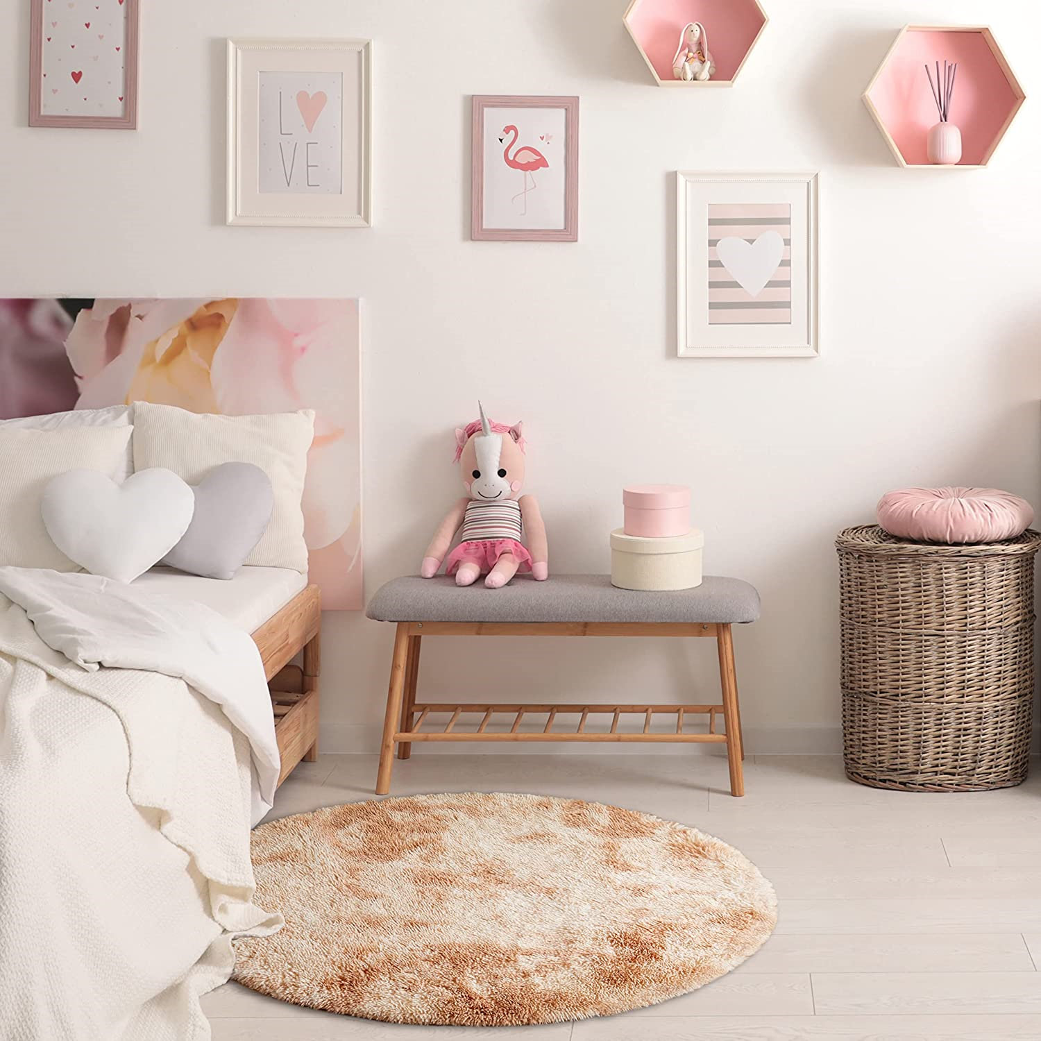 Soft Round Shag Area Rug Fluffy Circle Rug Cute Pastel Fuzzy Rug Colorful  Small Plush Carpets for Kids Baby Girls Bedroom Nursery Room