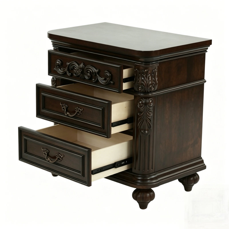 Table de chevet 3 tiroirs avec structure en bois massif, détails sculptés traditionnels, armoire de rangement large