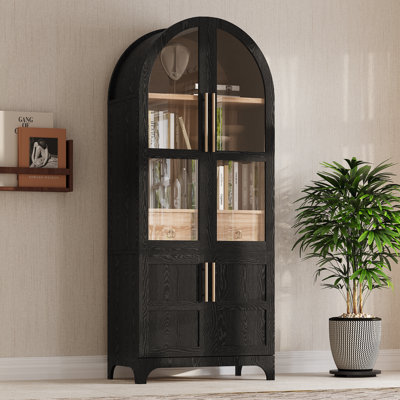 71" Tall Arched Kitchen Pantry Cabinet with Door Shelves, Farmhouse Kitchen Storage Cabinet with Open & Adjustable Shelves, Hidden Drawer & Glass Door, Cupboard for Kitchen, Dining Room, Black