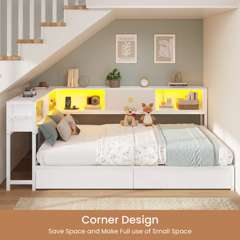 Corner Guest Bed Frame With Bookcase Storage And Led Lights, Drawers And Charging Station, Full Size Sofa Bed With Storage For Living Room, Bedroom, Guest Room, White